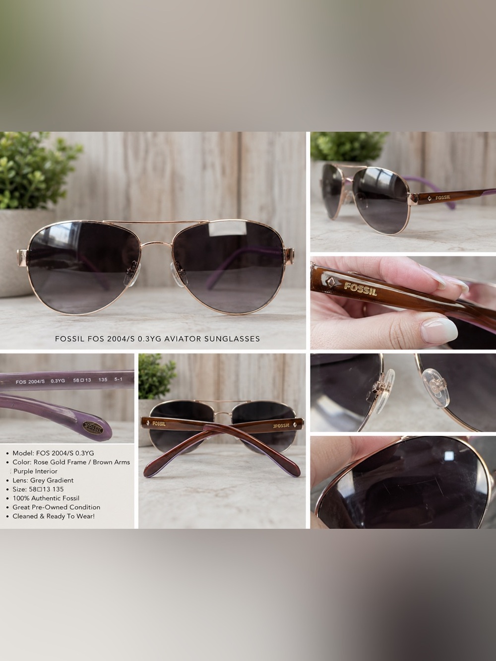 Fossil FOS 2004/S Aviator Sunglasses Rose Gold Brown Gradient 58mm